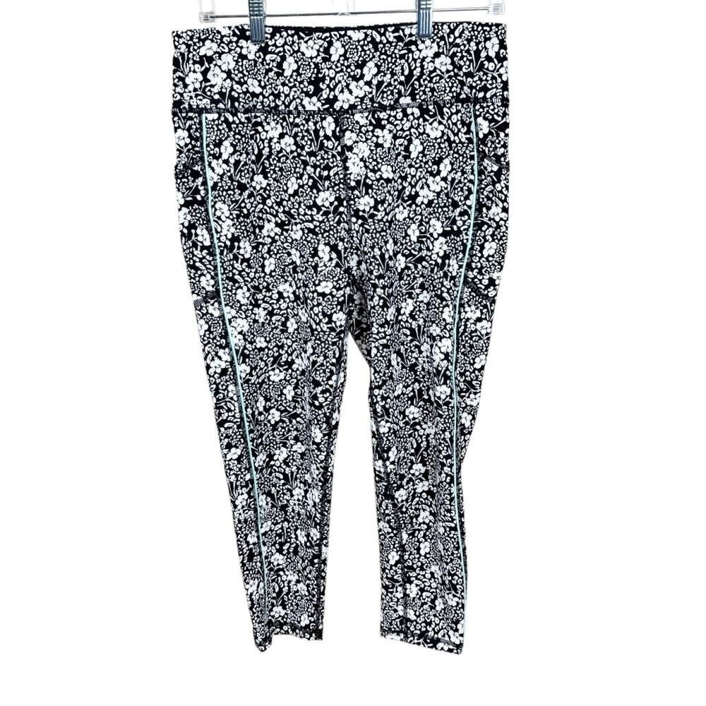 DKNY Sport Black and White Floral Print Ankle Leggings with Teal Green Seam XL